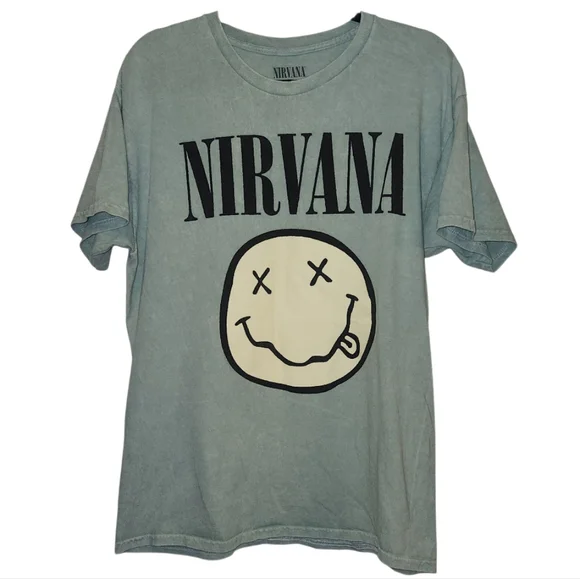 Nirvana Iconic Smiley Face T-Shirt - Size Large - Distressed Sage Green - Picture 1 of 4